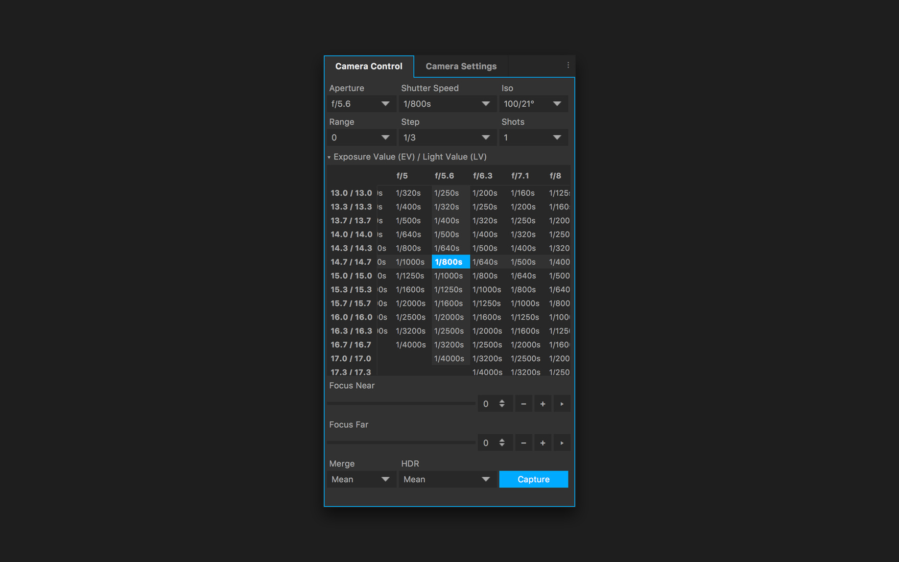 Camera controls with exposure value matrix