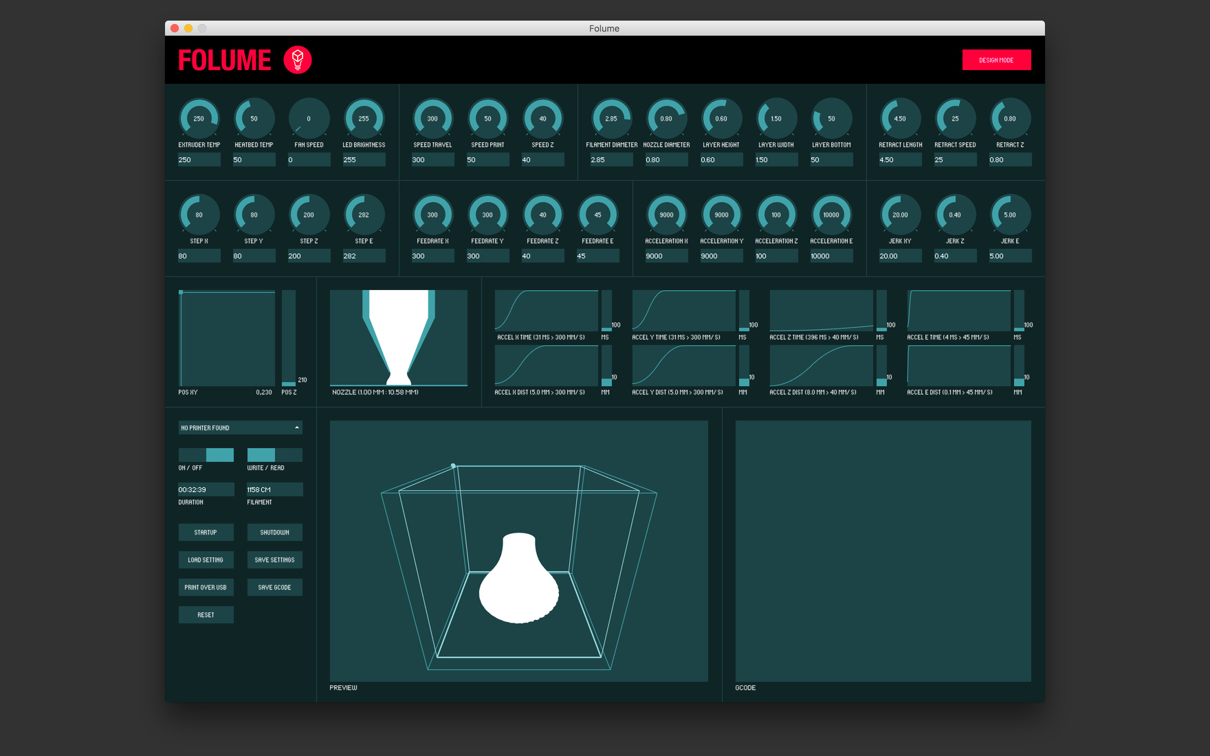 Interface showing print paramaters