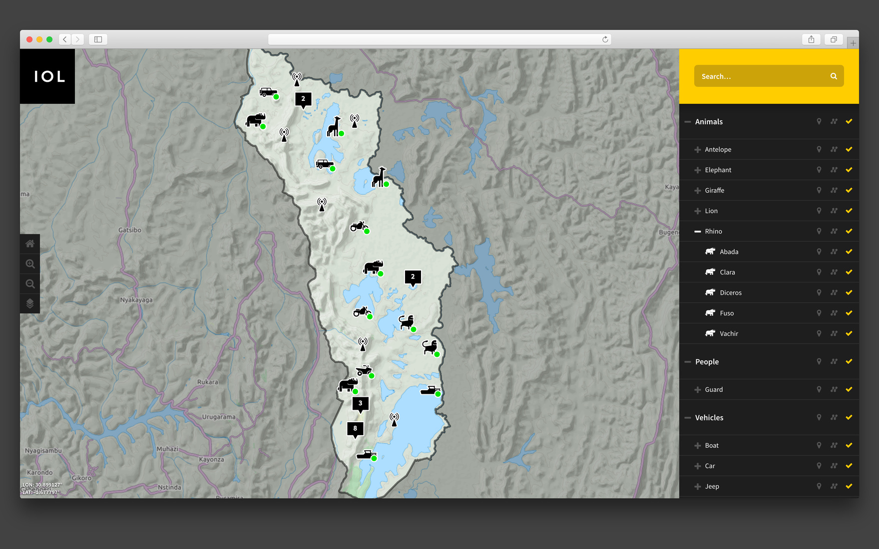 Interface showing trackers on a map