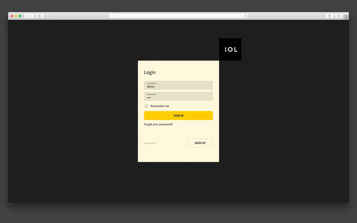 Interface showing a login