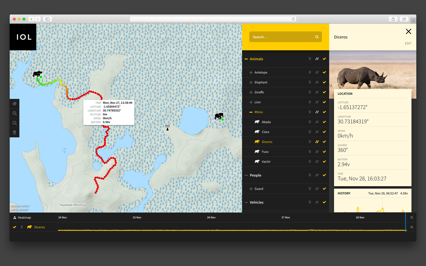 Interface showing path of a rhino tracker